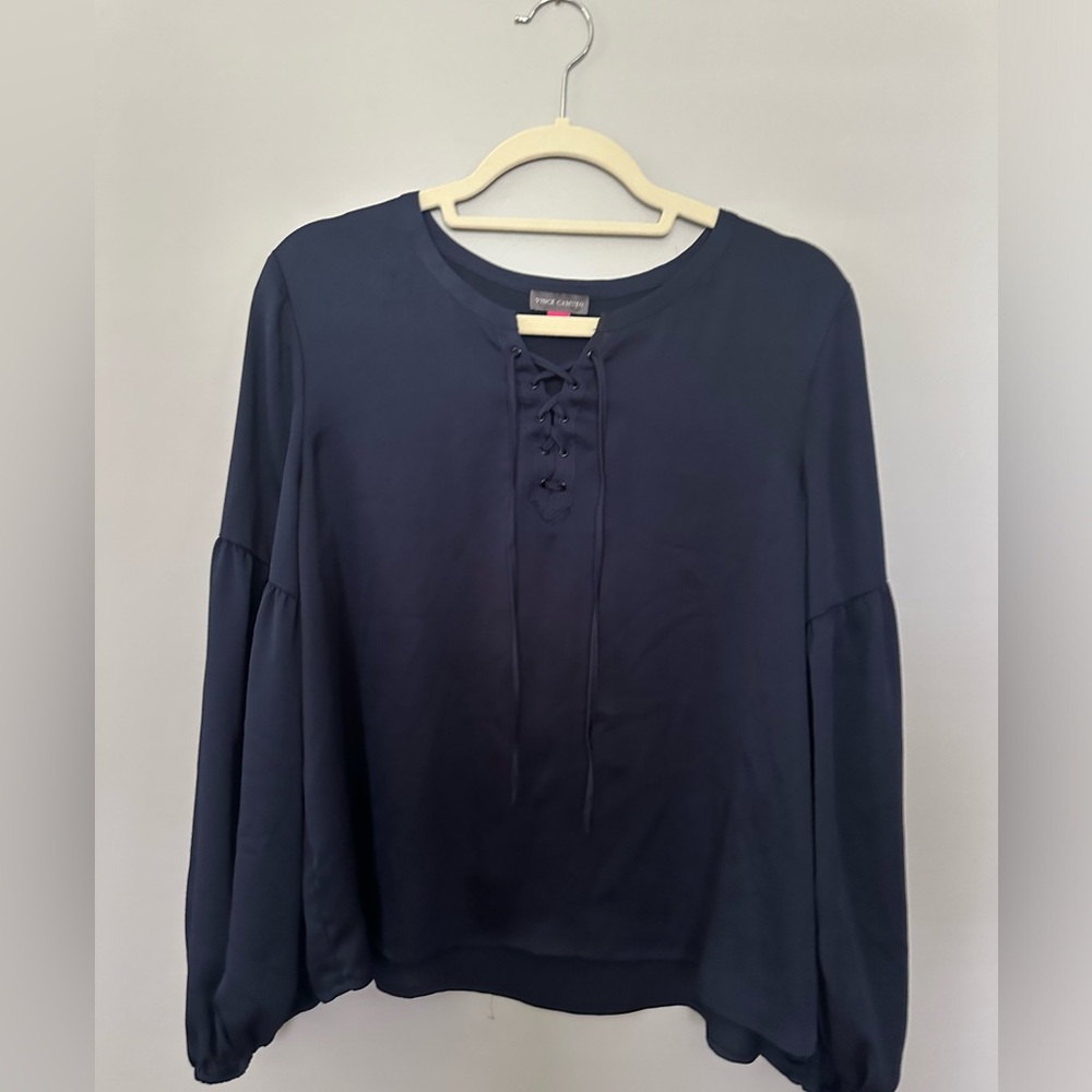 Beautiful Vince Camuto Navy Blue Peasant Blouse, Lace-Up Front, Large